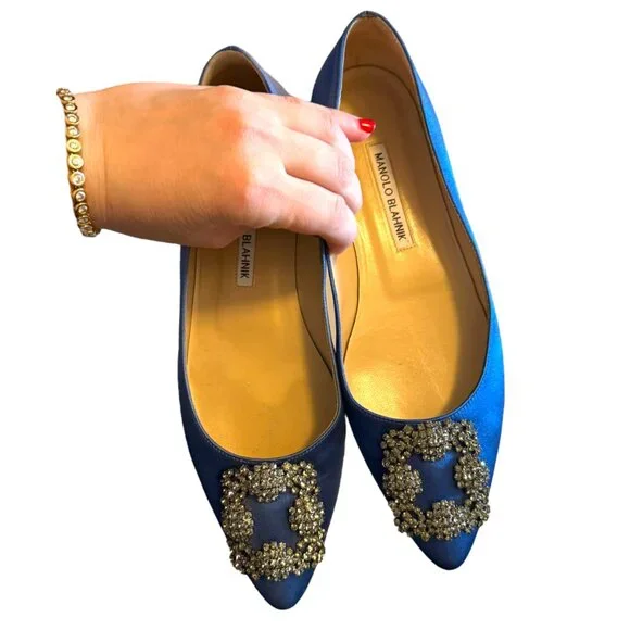 MANOLO BLAHNIK | Hangisi Crystal-Buckle Satin Flat 38.5 8.5 BLUE - Picture 5 of 16